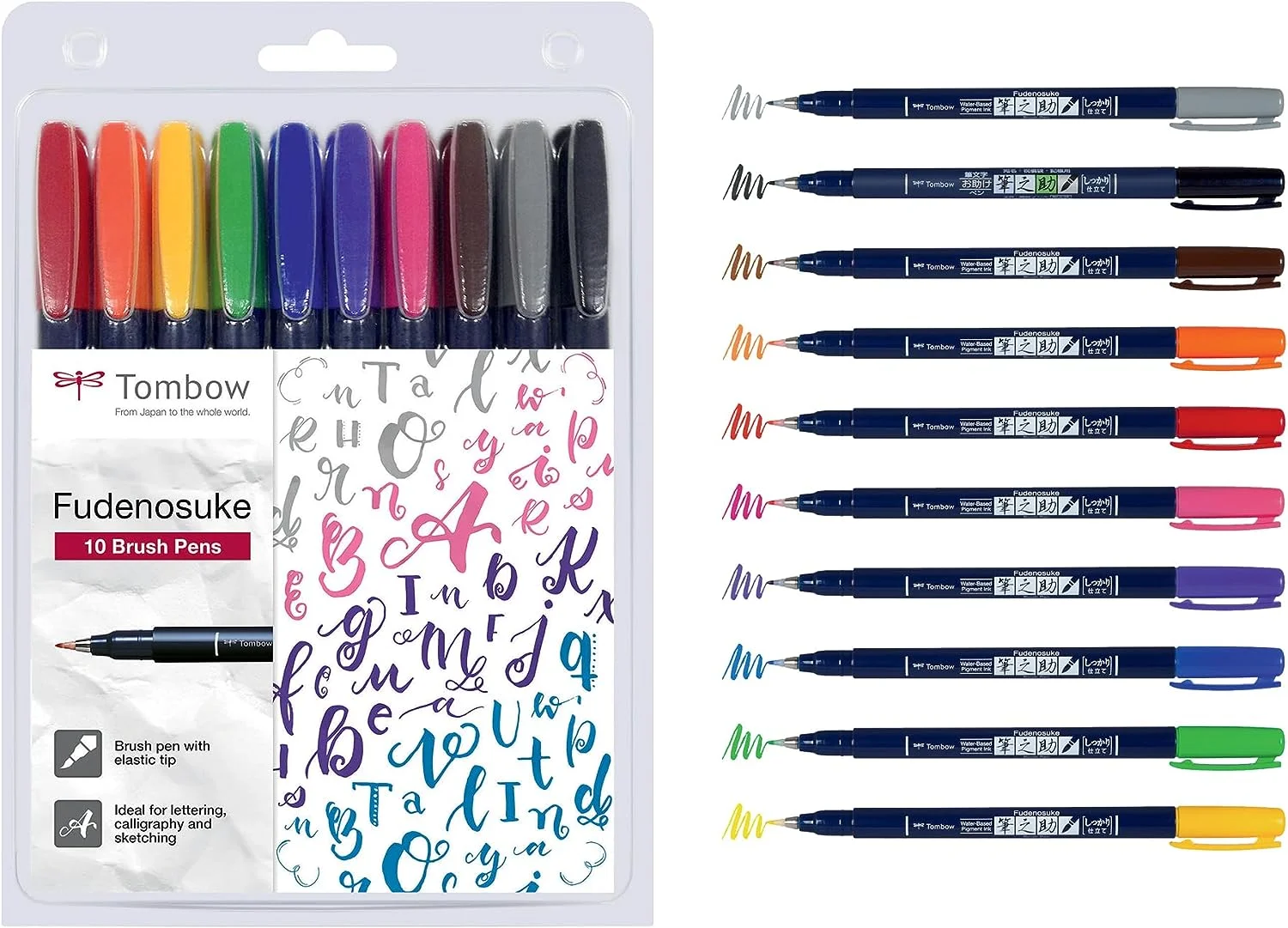 Pack de 10 colores de rotuladores lettering Tombow fudenosuke